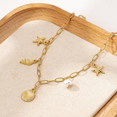 Goldfarbenes Muschel & Seestern Schmuckset | Damen Strand Choker-Halskette & Armband | Sommerurlaub Meeres-Schmuck | Maritimes Ozean-Charm-Set | Filigrane Geschenke für Sie