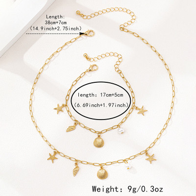 Goldfarbenes Muschel & Seestern Schmuckset | Damen Strand Choker-Halskette & Armband | Sommerurlaub Meeres-Schmuck | Maritimes Ozean-Charm-Set | Filigrane Geschenke für Sie