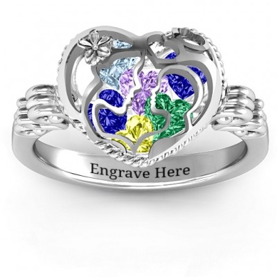 Mutter und Kind Caged Herz Ring mit Butterfly Wings Band