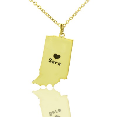 Benutzerdefinierte Indiana State geformte Halskette mit Herz Namen Gold überzogen