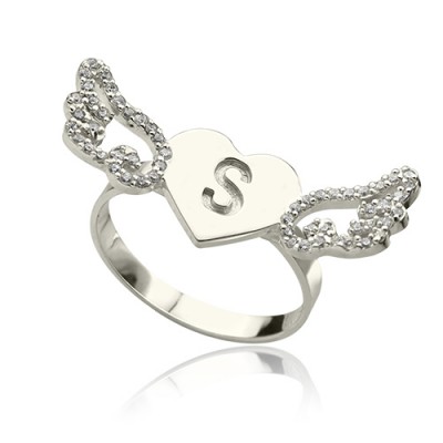 Herz Engels Flügel Ring mit Gravur Initial Geburtsstein Sterling Silber