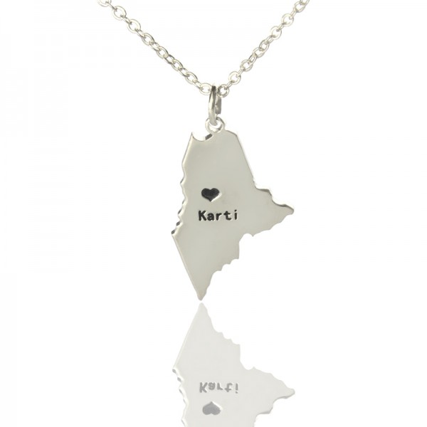 Benutzerdefinierte Maine State geformte Halsketten mit Herz Namen Silber