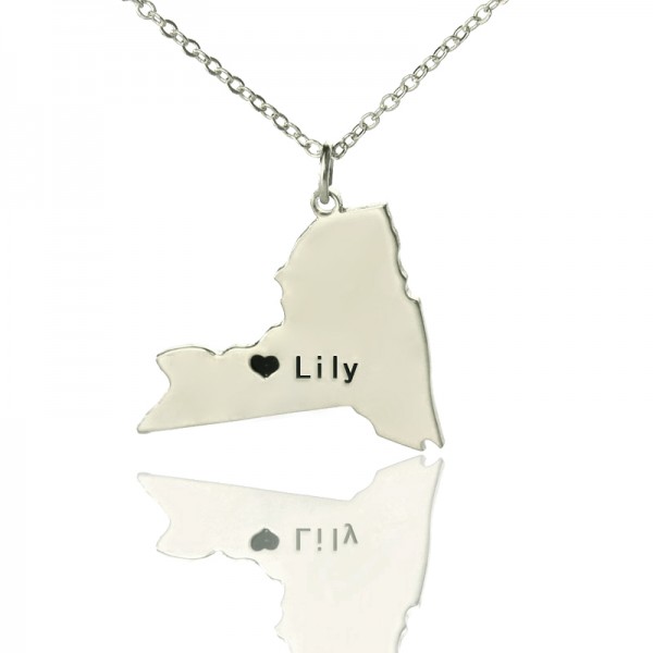 Personalisierte NY State geformte Halsketten mit Herz Namen Silber
