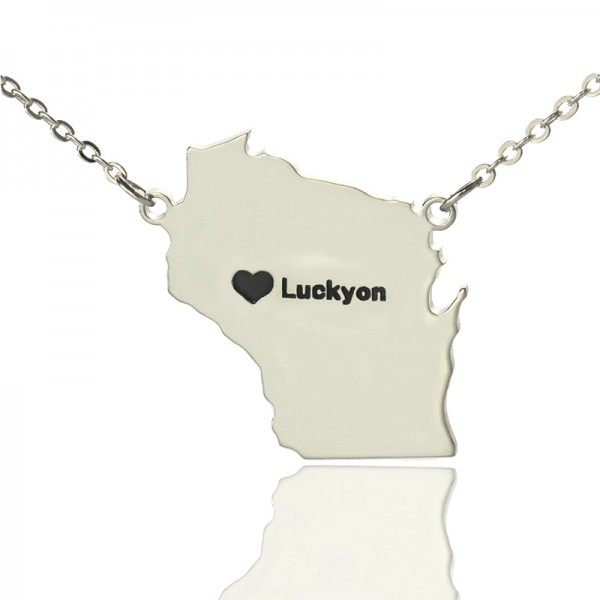 Individuelle Wisconsin State geformte Halskette mit Herz Namen Silber