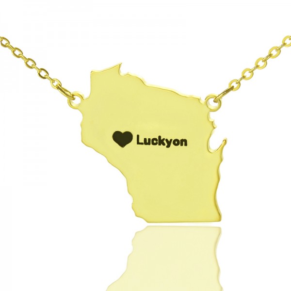 Individuelle Wisconsin State geformte Halskette mit Herz Namen Gold überzogen