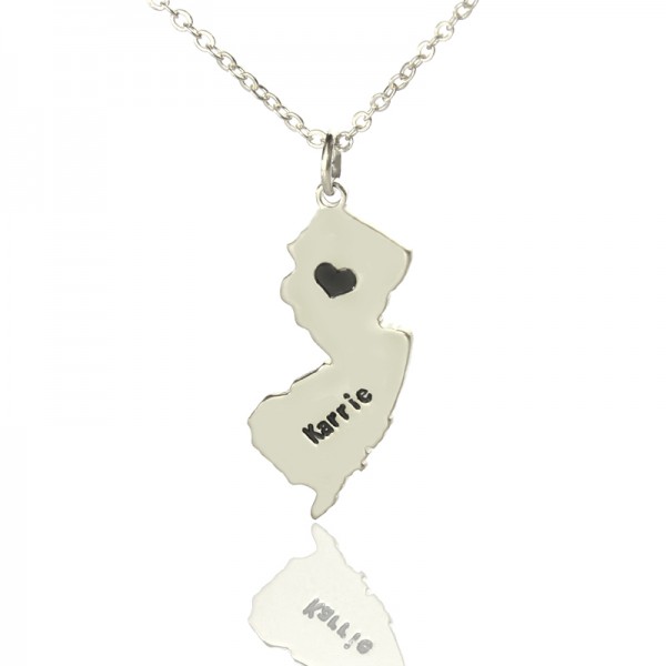 Benutzerdefinierte New Jersey State geformte Halskette mit Herz Namen Silber