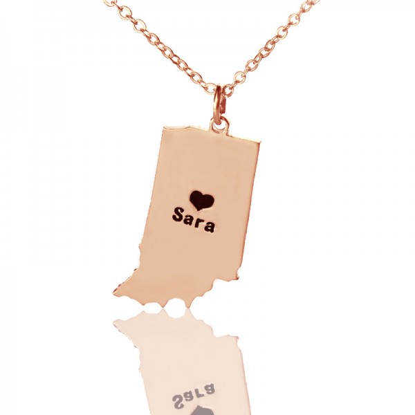 Benutzerdefinierte Indiana State Shaped Halsketten mit Herz Namen Rose Gold