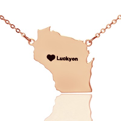 Individuell Wisconsin State Shaped Halskette mit Herz Namen Rose Gold