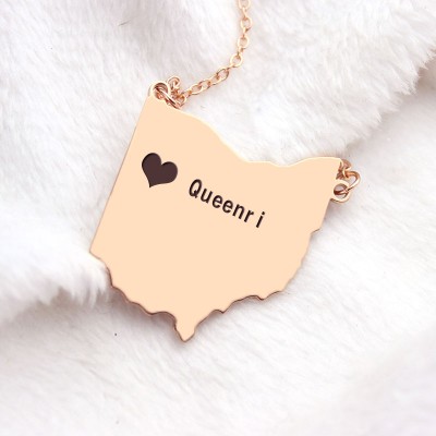 Individuelles Ohio State USA Karte Halskette mit Herz Namen Rose Gold