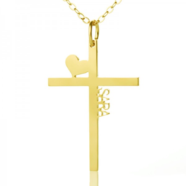 Personalisierte 18ct Gold überzogenes Silber Kreuz Name Halskette mit Herz