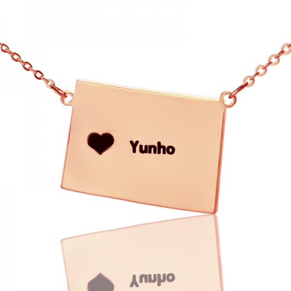 Wyoming State Shaped Karte Halsketten mit Herz Namen Rose Gold