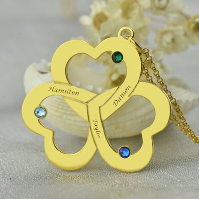Geburtsstein Triple Herz Halskette mit eingraviertem Namen in 18 karätigem Gold überzogen