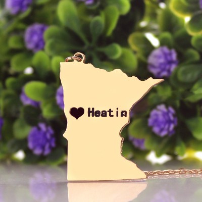 Benutzerdefinierte Minnesota State geformte Halskette mit Herz Namen Rose Gold