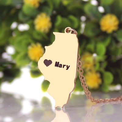Benutzerdefinierte Illinois State Shaped Halskette mit Herz Namen Rose Gold