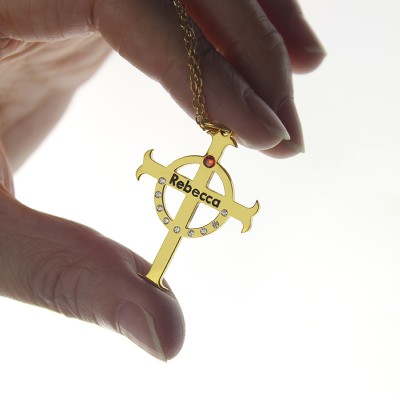 Kreis Kreuz Halskette mit Namen Geburtsstein 18ct Vergoldetes Silber