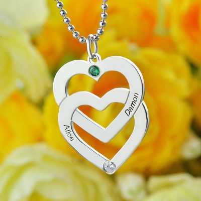 Personalisierte Doppel Herz Halskette mit eingraviertem Namen Sterling Silber