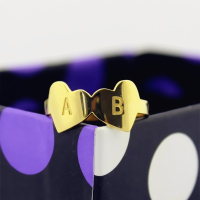Benutzerdefinierte Doppel Herz Ring mit Gravur Brief 18 karätigem Gold überzogen