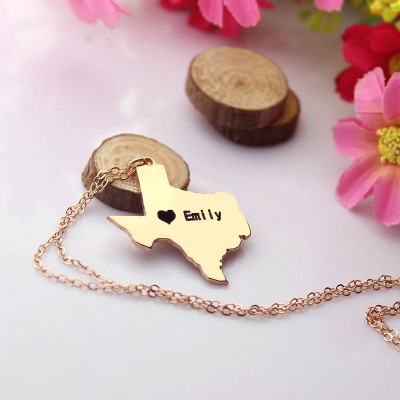 Texas State USA Karte Halskette mit Herz Namen Rose Gold