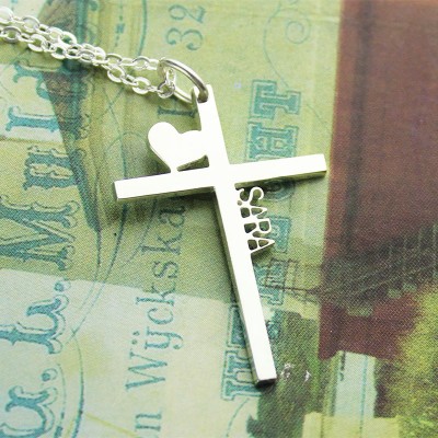 Personalisierte Silber Kreuz Name Halskette mit Herz