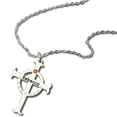 Personalisierte Kreis Kreuz Halskette mit Geburtsstein Namens Silber