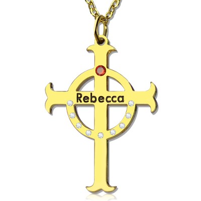 Kreis Kreuz Halskette mit Namen Geburtsstein 18ct Vergoldetes Silber
