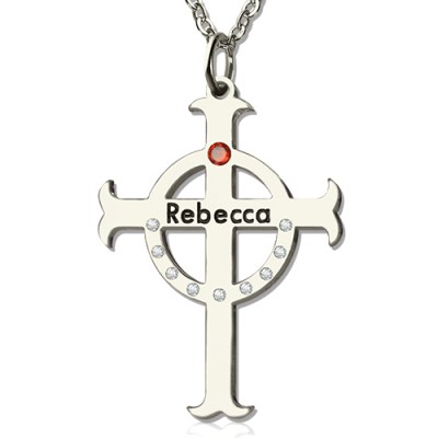 Personalisierte Kreis Kreuz Halskette mit Geburtsstein Namens Silber