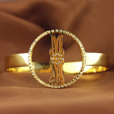 Persönliche Vergoldetes Silber Monogramm Kreis Armband mit Geburtsstein