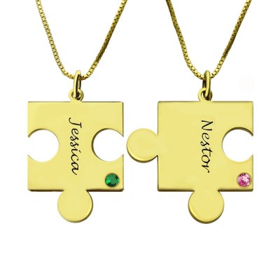 Passendes Puzzle Halskette für Paare mit Namen Geburtsstein 18ct Goldplatte