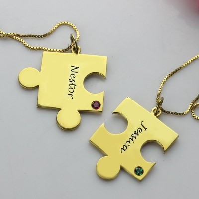 Passendes Puzzle Halskette für Paare mit Namen Geburtsstein 18ct Goldplatte