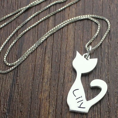 Personalisierte Cat Name Charme Halskette in Silber