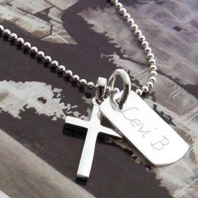 Personalisierte Sterling Silber Kreuz und Dogtag Halskette