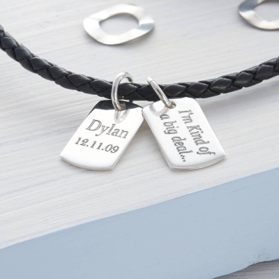 Personalisierte Silber und Leder Doppel Dog Tag Necklet