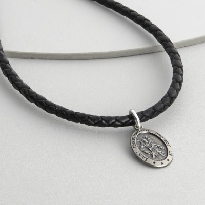 Mens Personalisierte Woven Leather St Christopher Necklet