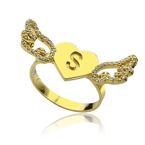 Angel Wings Herz Ring mit Birthstone Initial 18 karätigem Gold überzogen