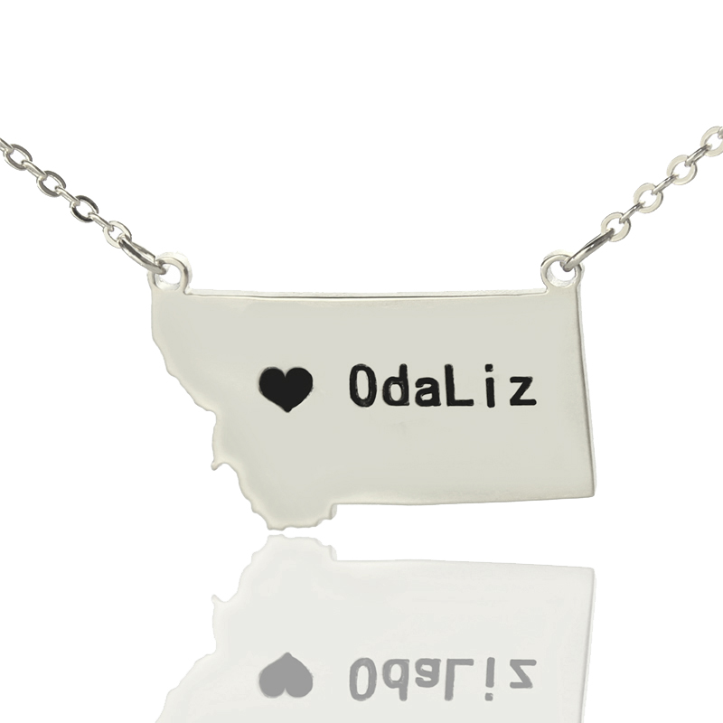 Benutzerdefinierte Montana State Shaped Halsketten mit Herz Namen Silber