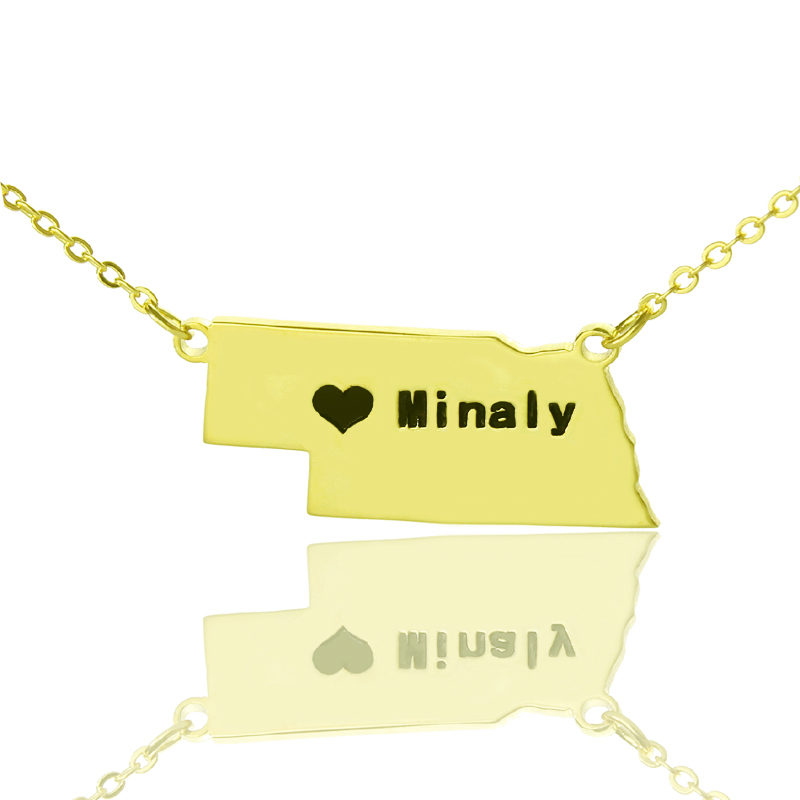 Individuelle Nebraska State Shaped Halskette mit Herz Namen Gold überzogen