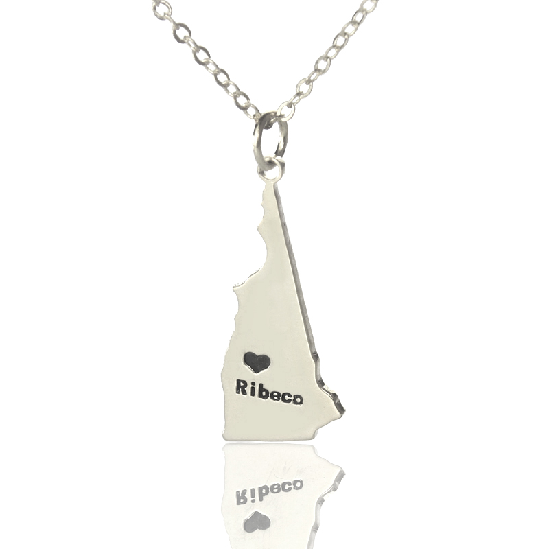 Benutzerdefinierte Staat New Hampshire Shaped Halskette mit Herz Namen Silber