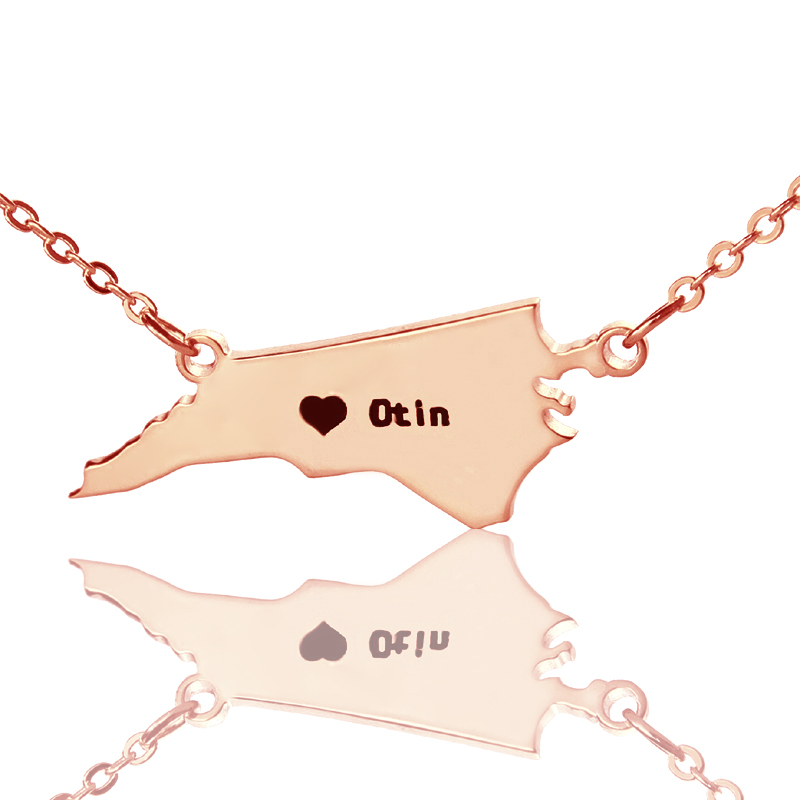 Personalisierte NC State USA Karte Halskette mit Herz Namen Rose Gold