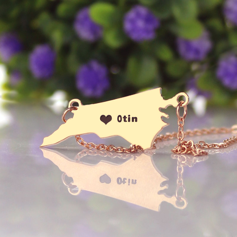 Personalisierte NC State USA Karte Halskette mit Herz Namen Rose Gold