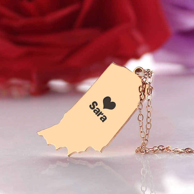 Benutzerdefinierte Indiana State Shaped Halsketten mit Herz Namen Rose Gold