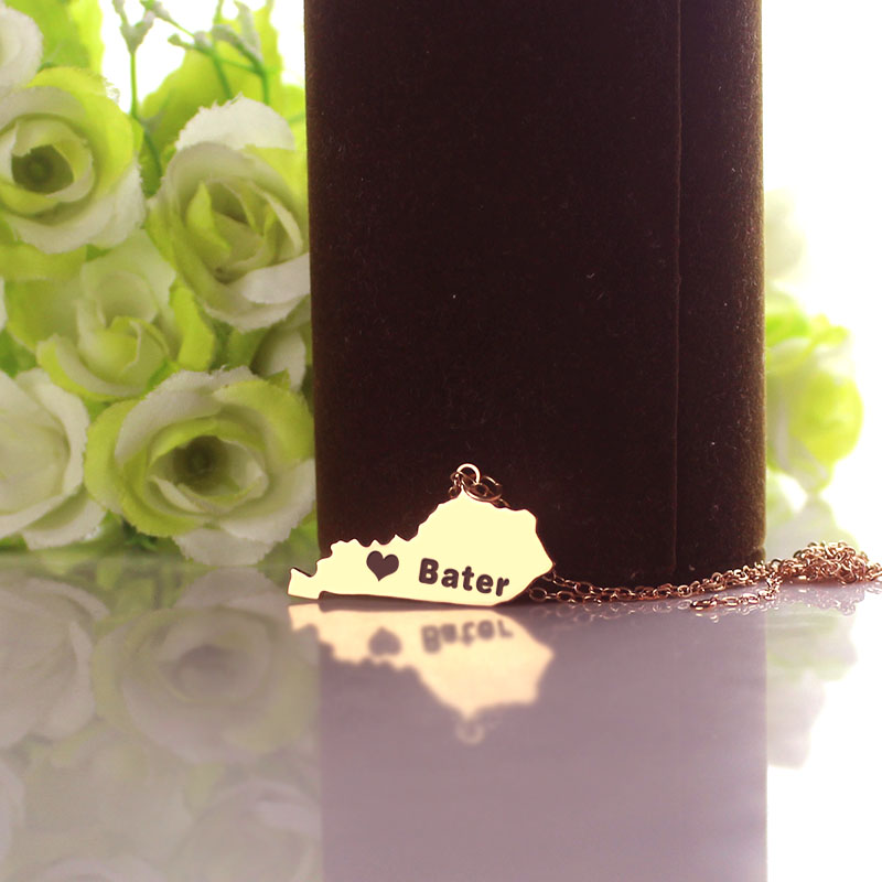 Benutzerdefinierte Kentucky State geformte Halskette mit Herz Namen Rose Gold