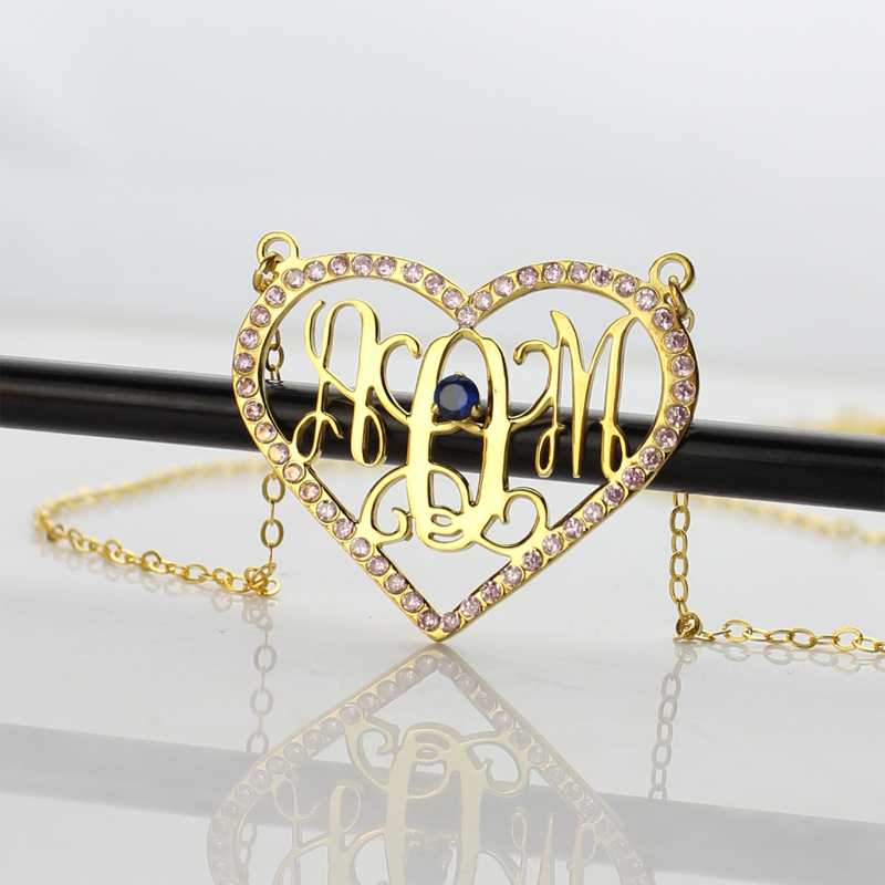 Geburtsstein Herz Monogramm Halskette 18 karätigem Gold überzogen