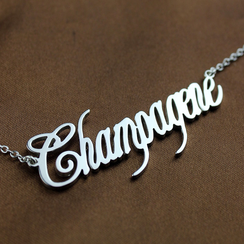 Solide White Gold Personalisierte Champagne Font Name Halskette