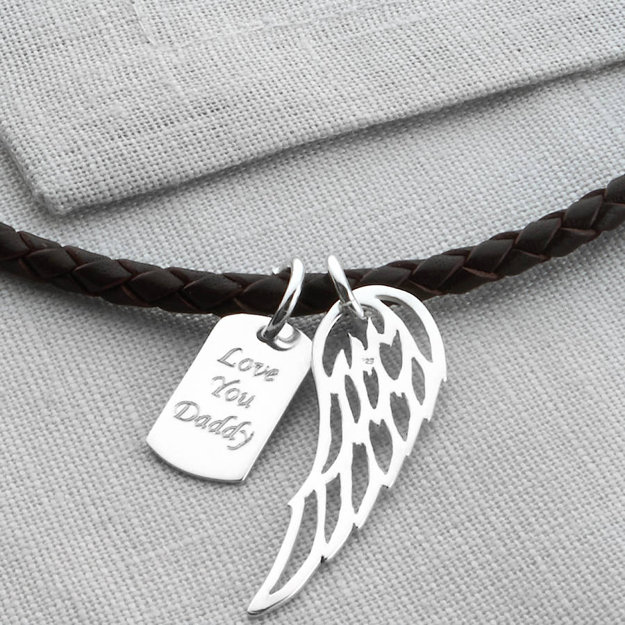 Personalized Silver Wing Und Dogtag Leder Necklet