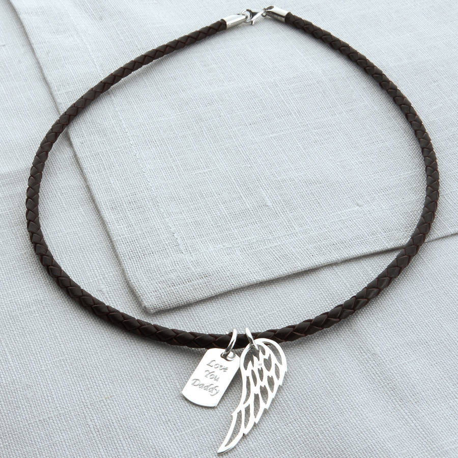 Personalized Silver Wing Und Dogtag Leder Necklet
