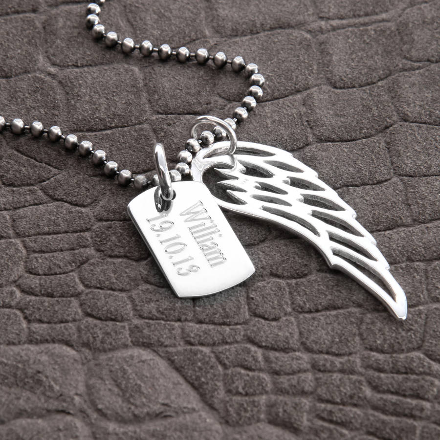 Personalisierte Sterling Silber Flügel und Dogtag Anhänger